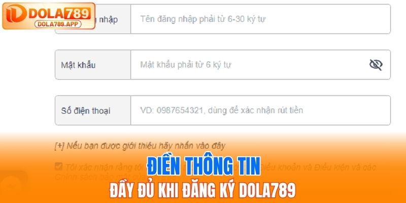 Điền thông tin đầy đủ khi đăng ký dola789